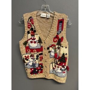 Vintage Fashion Bug Christmas Vest Womens S Knit Snowman Winter Tree Sweater